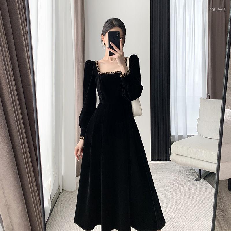 

Casual Dresses Women Solid Velvet Dress Fashion 2023 Autumn Winter Korean Elegant Square Collar Long Sleeve A Line Tops F113, Black
