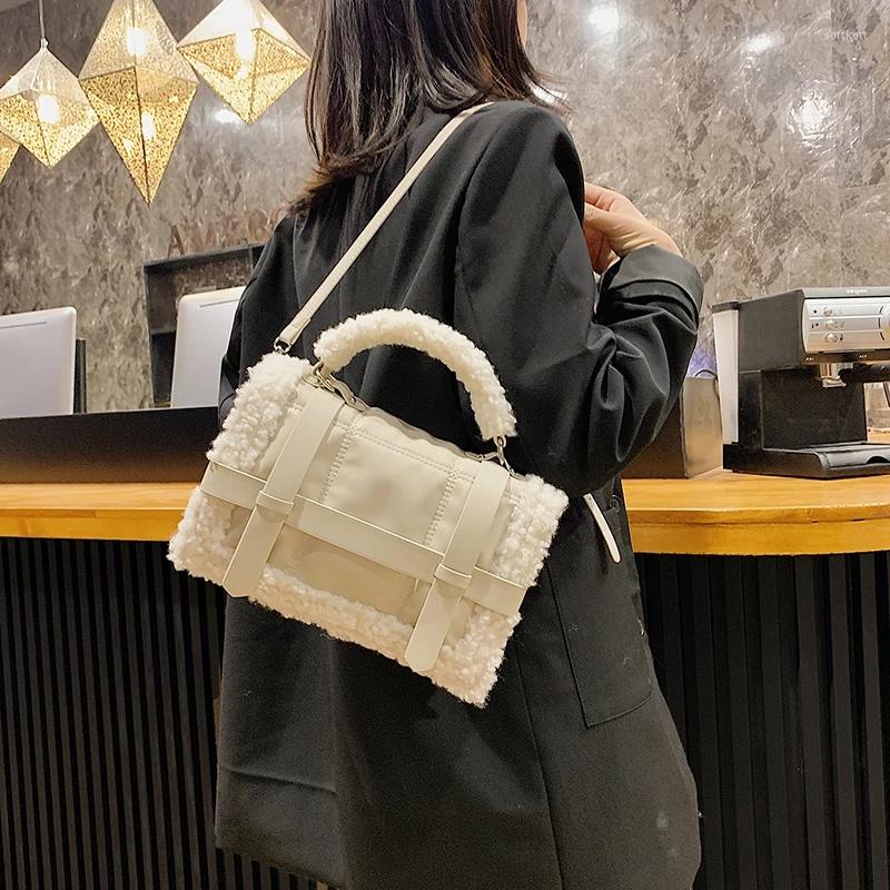 

Evening Bags 2023 Vintage Plush Women's Handbags Fashion Lambswool Pu Leather Shoulder Messenger For Women Casual Design Female Tote Bag, Beige