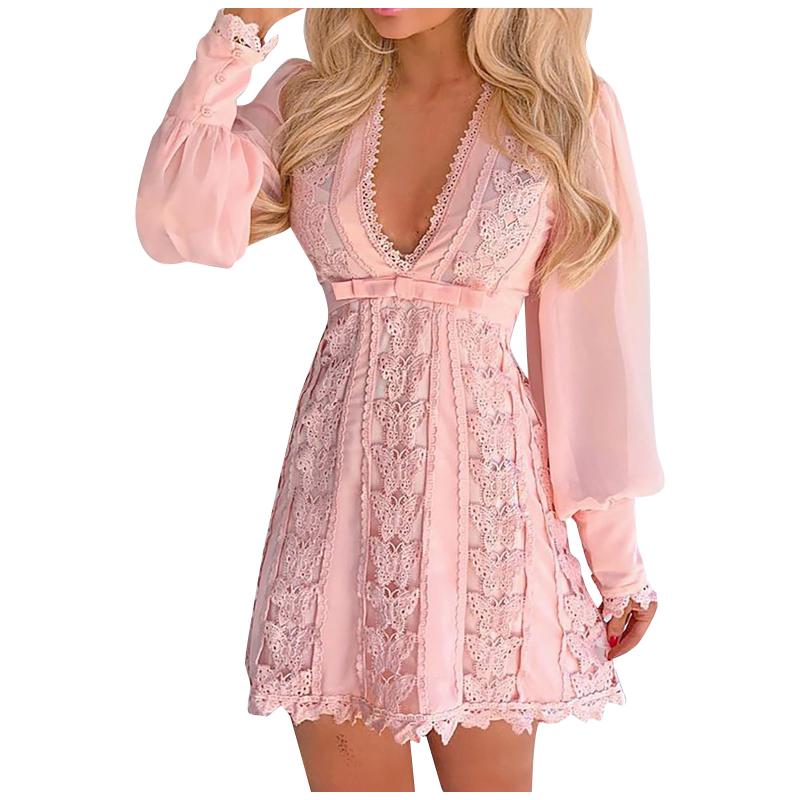 

Casual Dresses Summer For Women 2023 Fashion Solid Color V Neck Lace Sexy Dress Loose Long Sleeve Female VestidosCasual, Pink