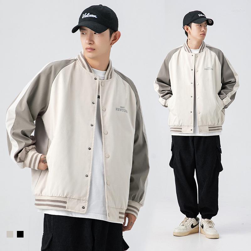 

Men' Jackets Autumn Winter Men Baseball Simple Letter Print Campus Style Fashion Couples Color Contrast Casual Loose Coats, H3613 apricot