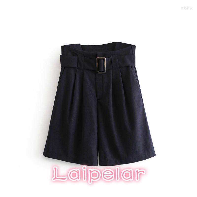 

Women' Shorts Vintage Cotton High Waist Women Bottom Casual Belt Summer Short Streetwear Office Women' Feminino Laipelar, Navy blue