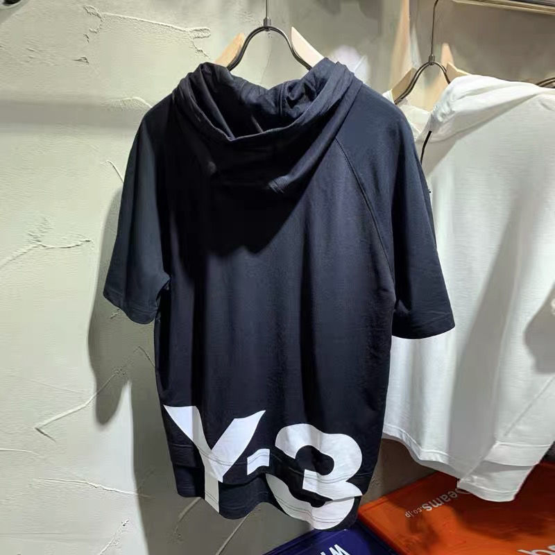 

Hooded Short-sleeved T-shirt Men and Women Chest Letter Embroidery Printing Back y3 Casual Loose t shirts, Black