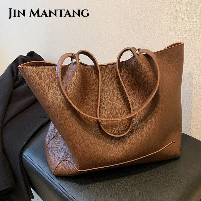 

Evening Bags JIN MANTANG Women PU Leather Handbags Big Capacity Tote Retro Designer Double Strap Shoulder Bag Female Shopper Bolso Mujer, Coffee