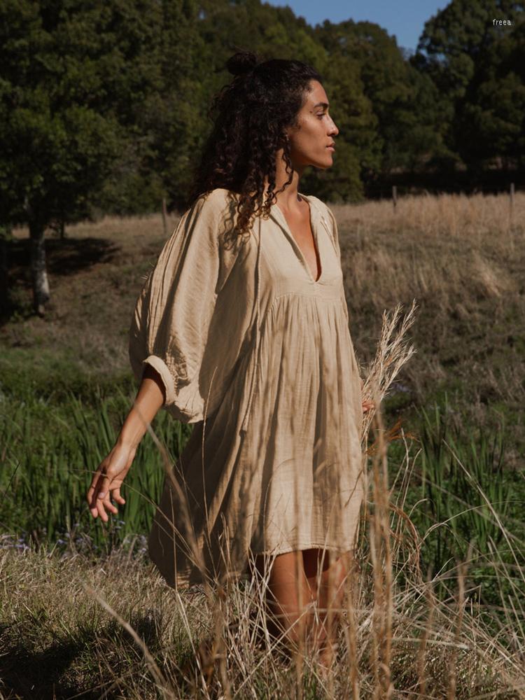 

Casual Dresses Loose Solid Dress High Waist Tunic Spring 2023 Women Clothes Street Wear Lantern Sleeve Mid-sleeve Ruffle A2295, Beige