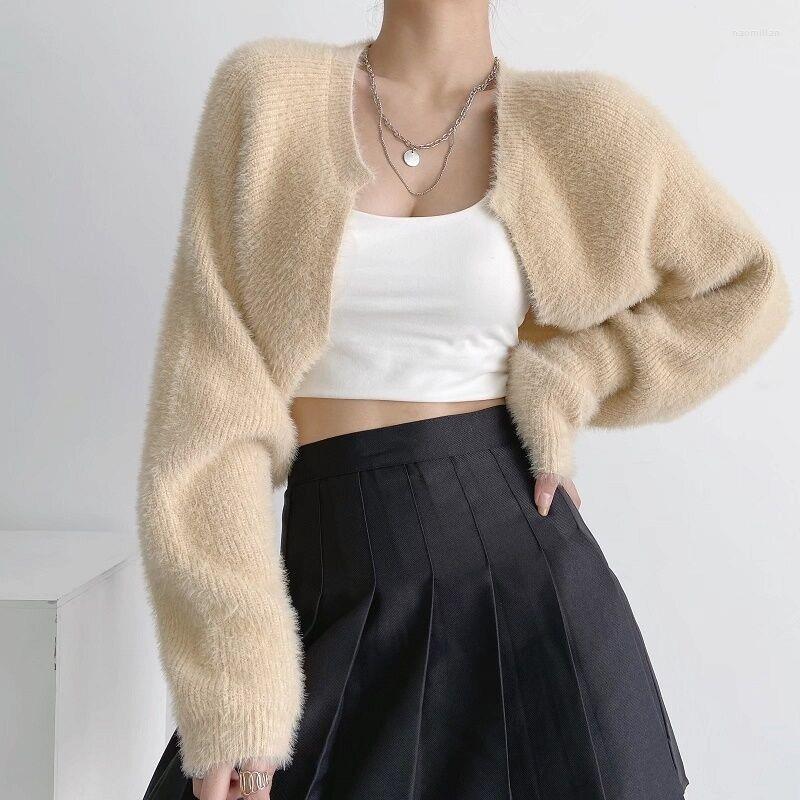 

Women's Knits Clothland Women Elegant Open Stitch Cardigan Long Sleeve V Neck Sweater Short Style Crop Top Sexy Mohair Jacket Coat HA323, Blue