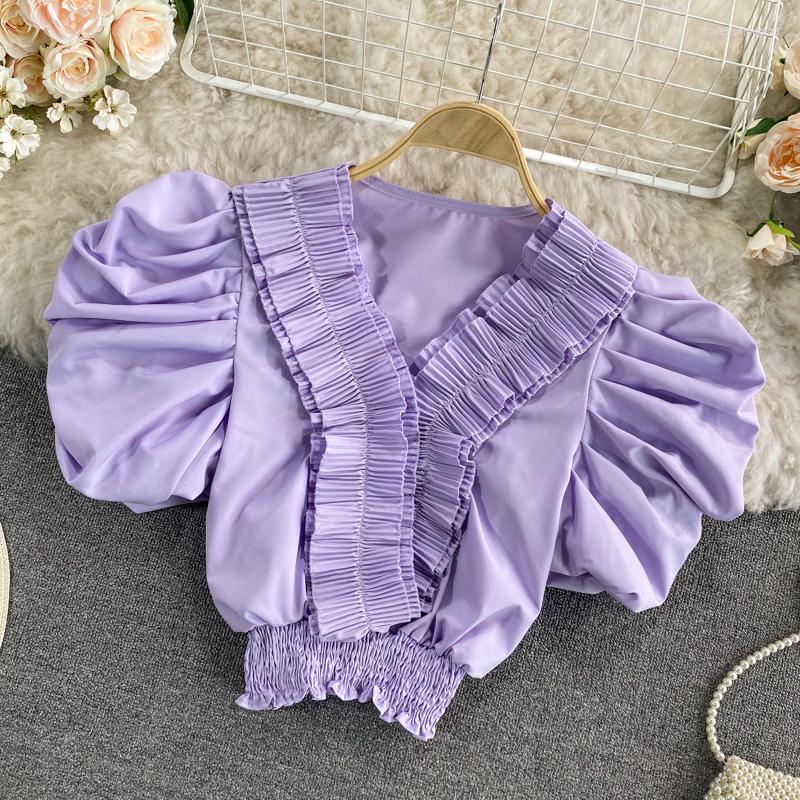 

Women's Blouses French Solid Cropped Shirts For Woman 2023 Elegant Puff Short Sleeve Tops Chic Folds Designed Summer Femme, Green