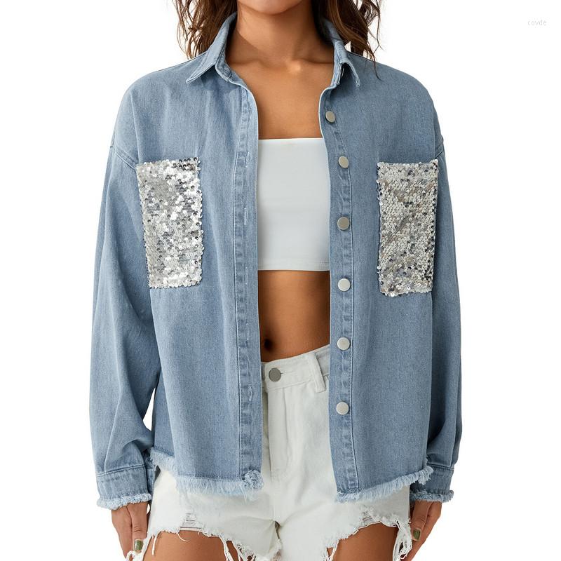 

Women' Jackets Fall Winter Denim Jacket Clothes For Women 2023 Coats Korean Sequin Pockets Loose Shirt Female Clothing Outwear