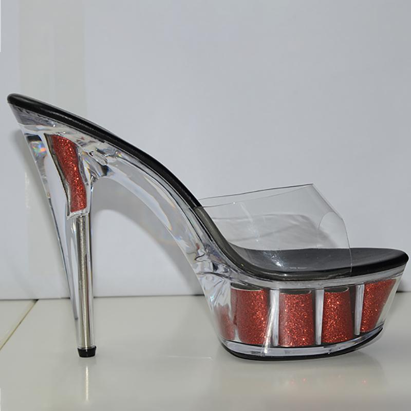 

Slippers 15cm High Heels Platform Glitter Women Summer Shoes Clear Transparent Crystal Slides Black Red Ladies, Red 15cm heel
