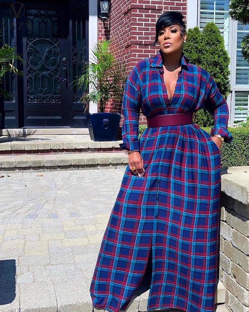 

Casual Dresses VAZN 2023 Autumn High-end Classic Plaid Young Open Stitch Chiffon Full Sleeve Women Straight Long Nature Shirt Dress, Multi