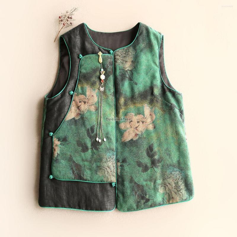 

Ethnic Clothing 2023 Chinese Short Retro Style Cotton-padded Jacket Vest Women Autumn Winter Printed Loose Sleeveless Top