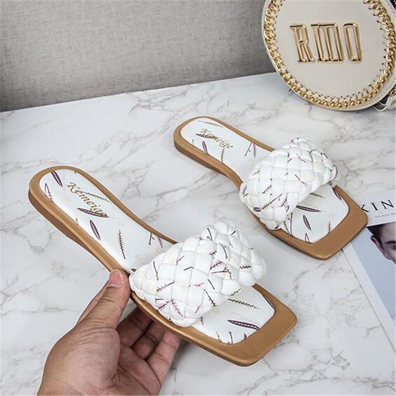 

Slippers 2023 Women Weave Square Toe Flat Heel Summer Outdoor Beach Slides Slip On Sandal Flip Flops Big Size 42, Black