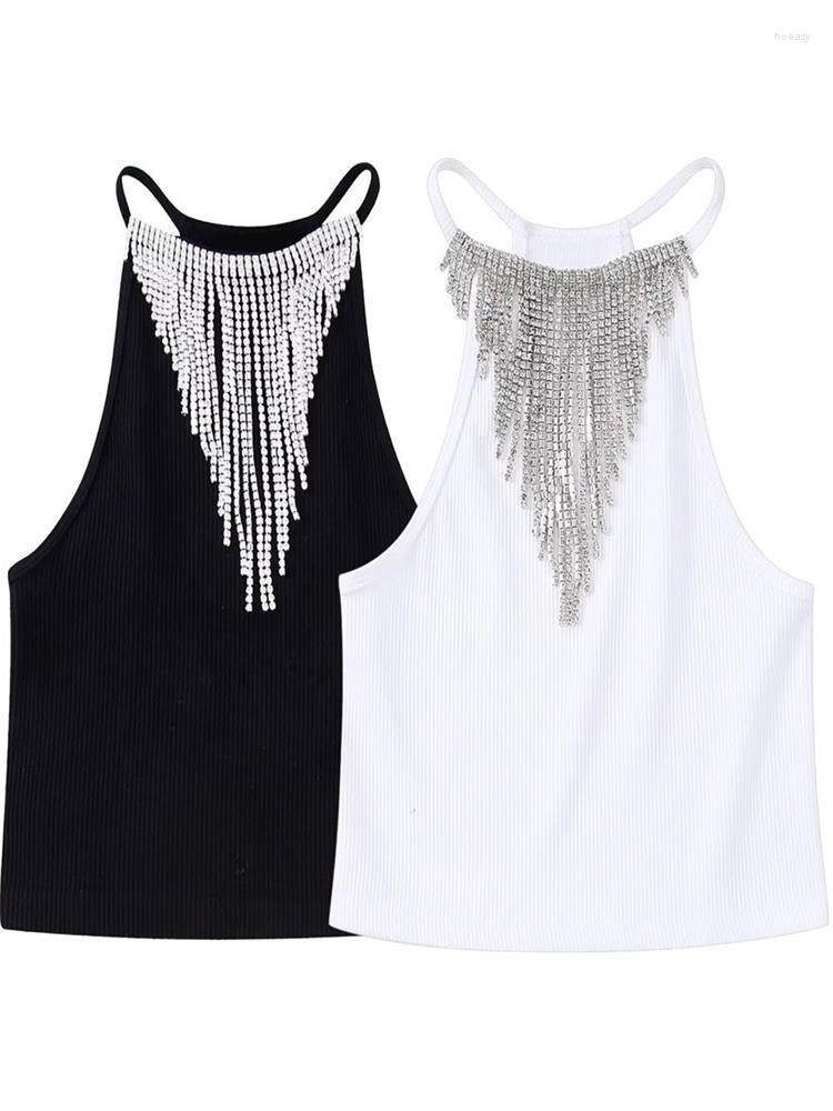 

Women' Tanks ZXQJ Women 2023 Fashion Fringe With Jewel Crop Knit Tank Tops Vintage Halter Neck Sleeveless Female Camis Mujer, Picture shown