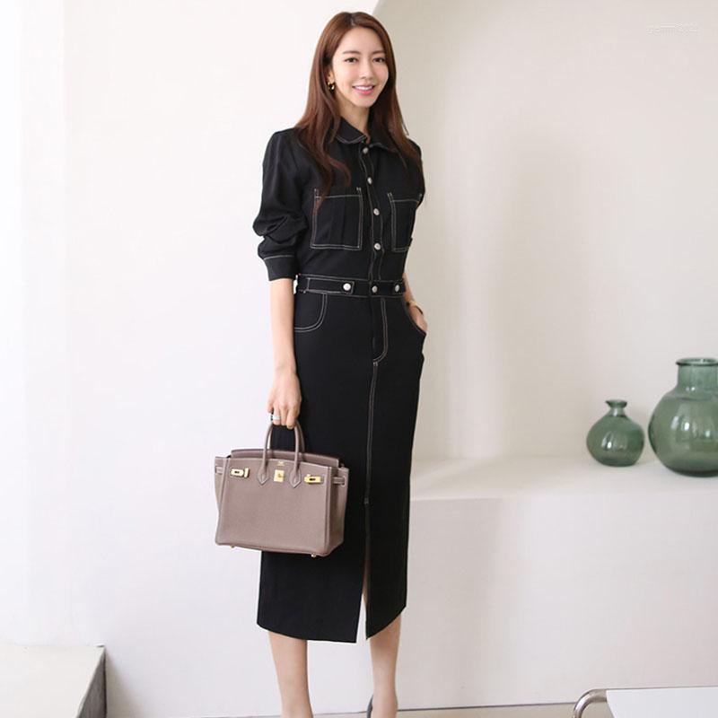 

Casual Dresses One-Piece Spring Autumn Women' Dress 2023 French Lapel Single-Breasted Long Sleeve Korean Elastic Waist Temperament, Black