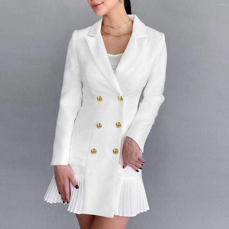 

Work Dresses Office Lady Double Breasted V-Neck Solid Color Suit Dress Plus Size Women Autumn Long Sleeve Pleated Midi Fashion 2023, Black