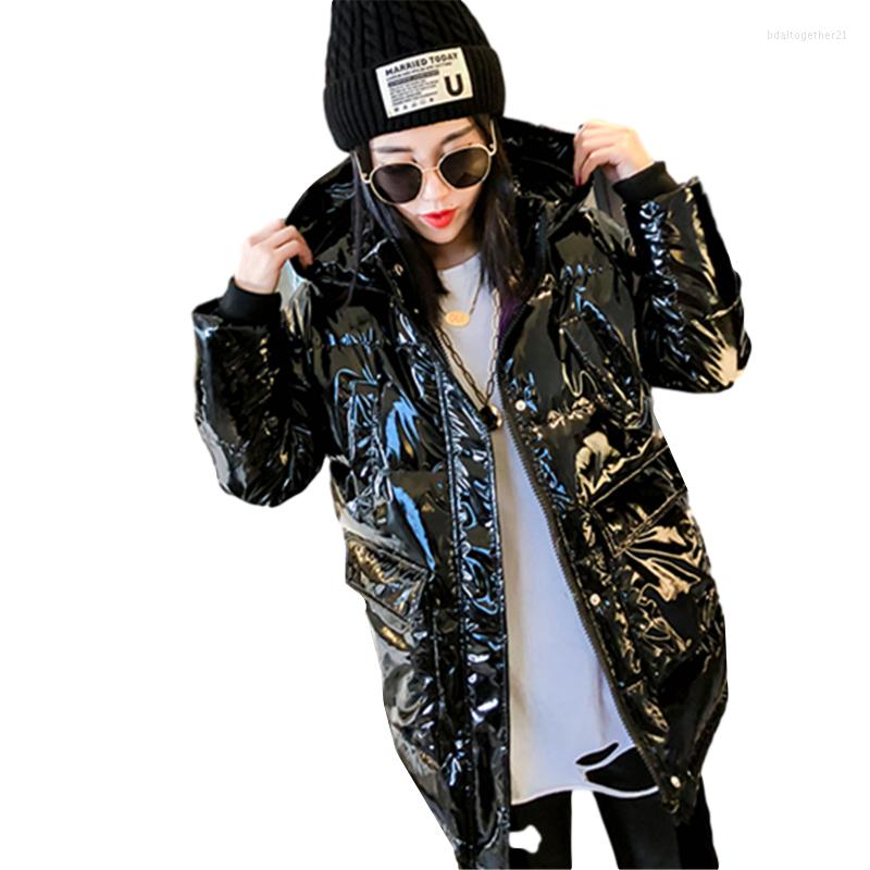 

Women's Trench Coats Women Glossy Down Jacket Korean Winter Hooded Parka 2023 Fashion Loose Warm Bread Cotton Padded Coat Ladies Streetwear, Black