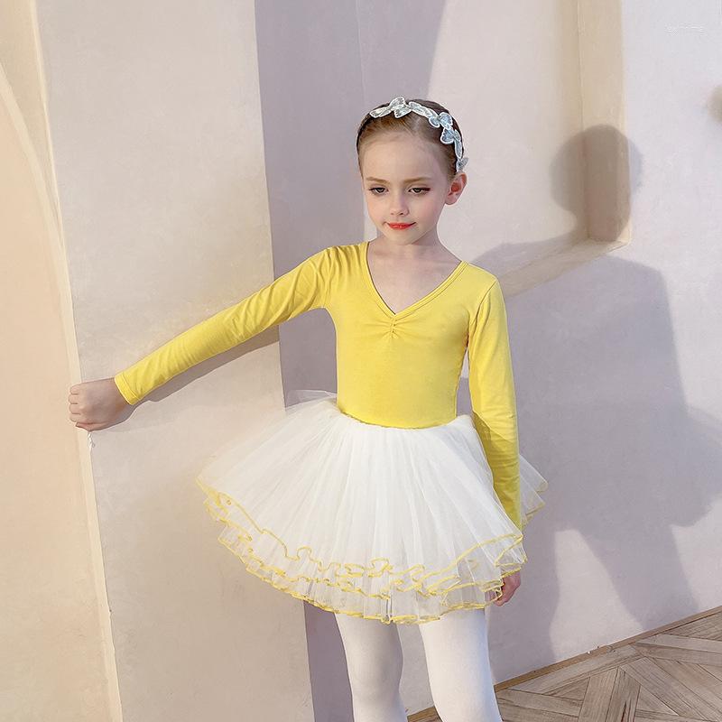 

Stage Wear Children Dance Clothes Long-sleeved Yellow Girls Ballet Gauze Skirt Kids Examination Training Clothin, Picture shown