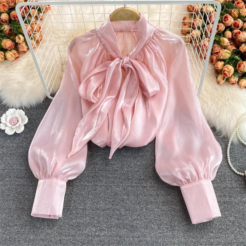 

Women's Blouses 2023 Fashion Women Button-up Blouse Summer Casual Female Long Sleeve Big Bow Tie Shirt Plus Size Thin Bright Shirts WZ1762, Orange