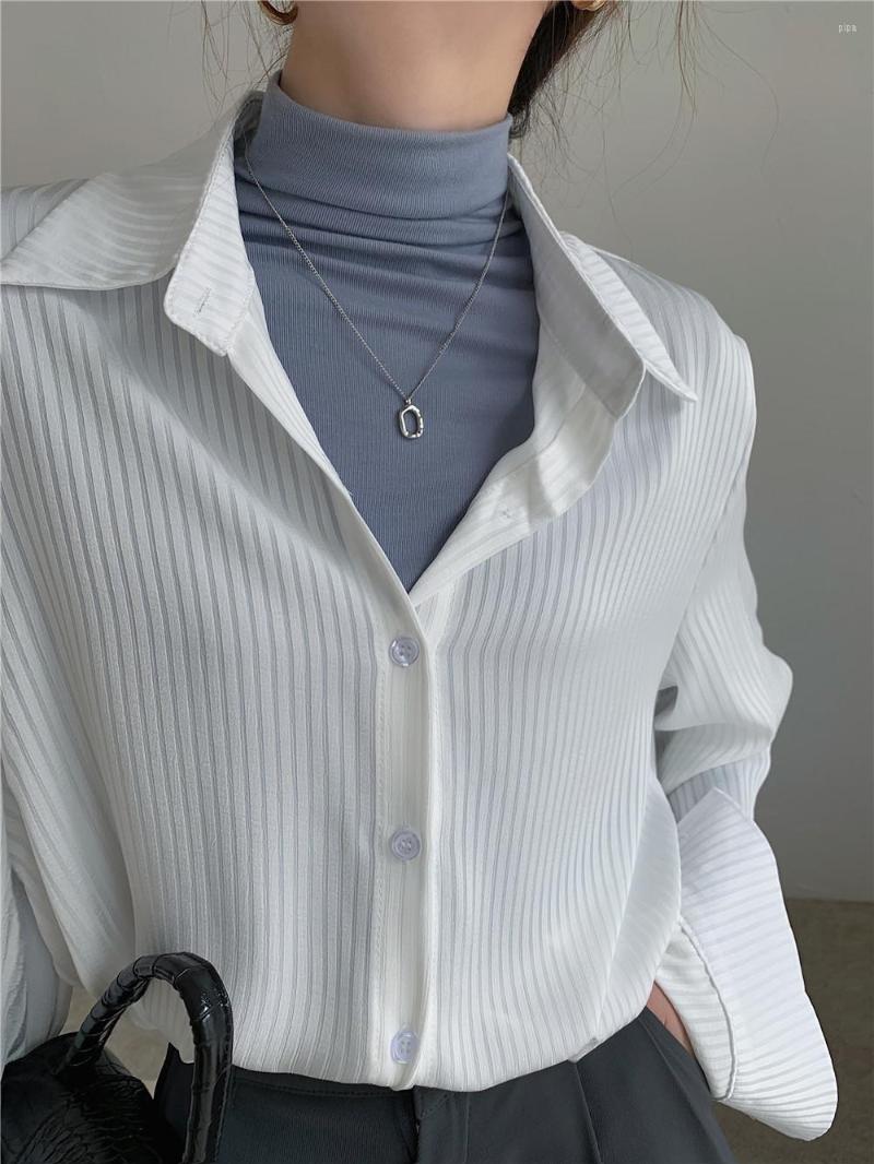 

Women' Polos Ladies Striped Women Blouses Tops Full Sleeve Loose Shirts Elegant Spring Blusas Mujer 2023, White