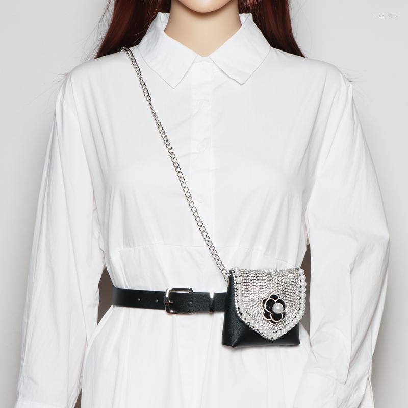 

Waist Bags 2023 Detachable Belt With Coin Bag Bling RHinestone Cover Flap Fanny Packs Women Mini PU Leather Messenger Pack