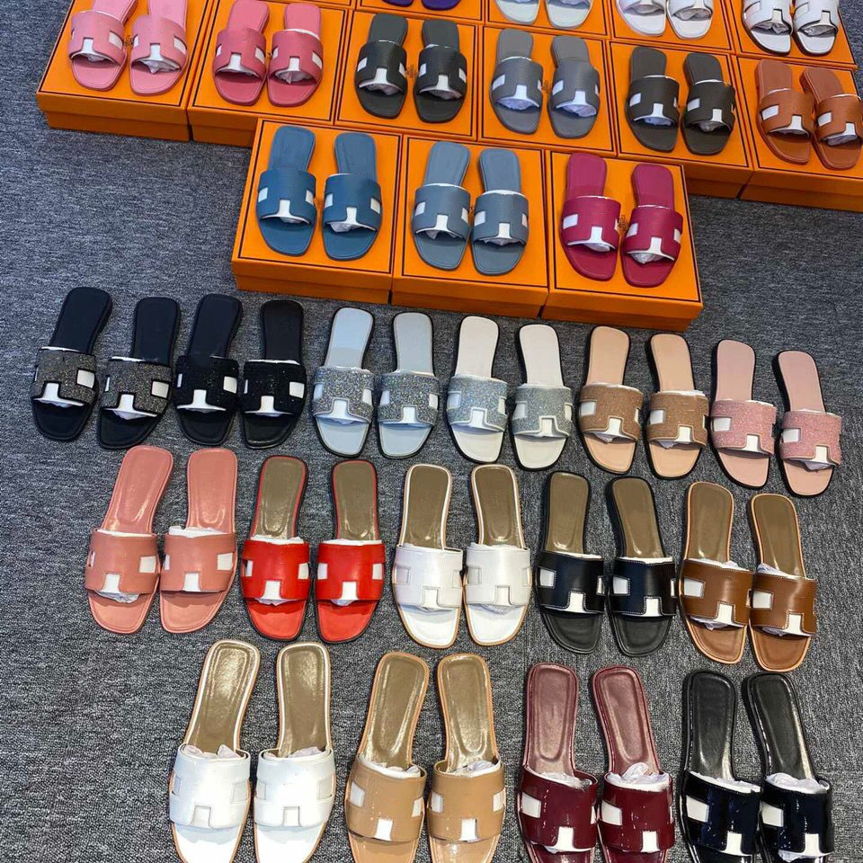 

Designer Women Brand Slippers Genuine Leather Luxury Women's Slipper 2023 Summer Beach Outdoor Flip Flops H Sandals Pool Slides Brown Black White Red Pink -42 No Box, Blue lichee pattern