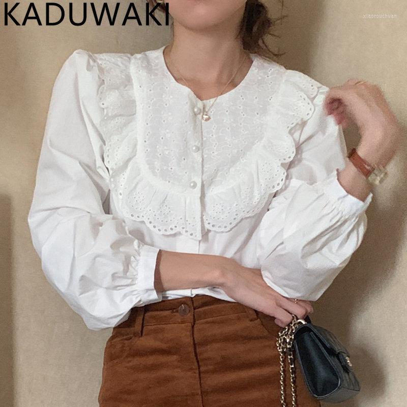 

Women's Blouses Korean Chic Autumn 2023 Round Neck Blouse Women Hollowed Out Lace Pearl Button Loose Casual Blusas Long Sleeve Elegant, Blue