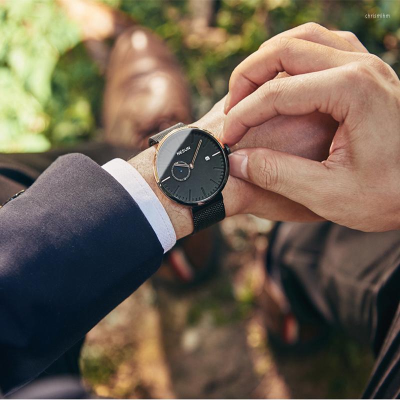 

Wristwatches NESUN Men's Watch Fashion Simple Automatic Mechanical Sapphire Business Casual Waterproof Stainless Steel Sports Watches, Steel-rose black