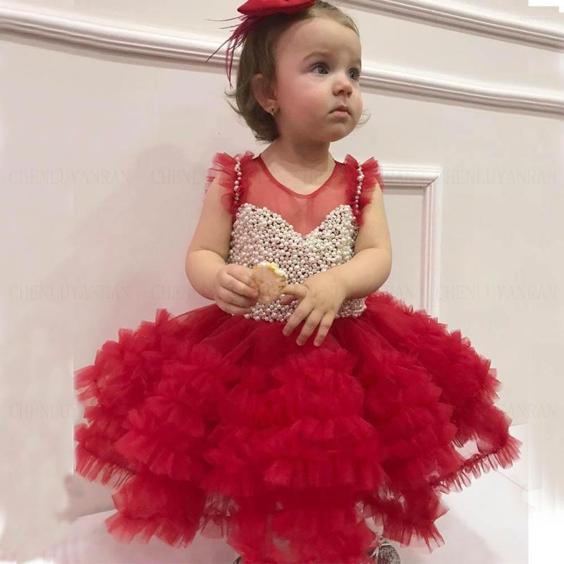 

Girl Dresses Exquisite Red Flower Girls 2023 Sheer Scoop Neck Pearls Tulle Kids Wedding Party Dress A-Line PLeat Princess Gowns, Pink