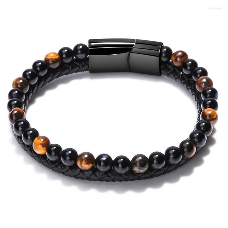 

Strand Fashion Tiger Eye Stone Beaded Double-layer Leather Bracelet For Men Charm Stainless Steel Magnetic Clasp Bangle Year Gift