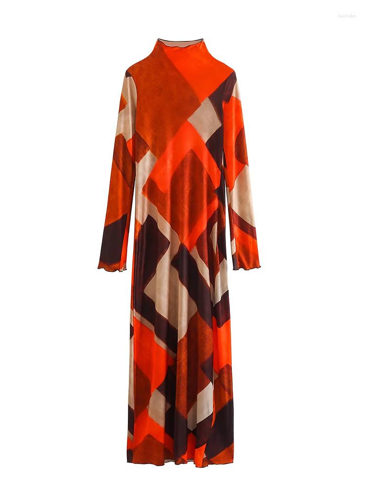 

Casual Dresses YENKYE Women High Street Color Matching Geometric Print Thin Long Dress Female Stand Collar Ruffles Party Vestidos, Multi