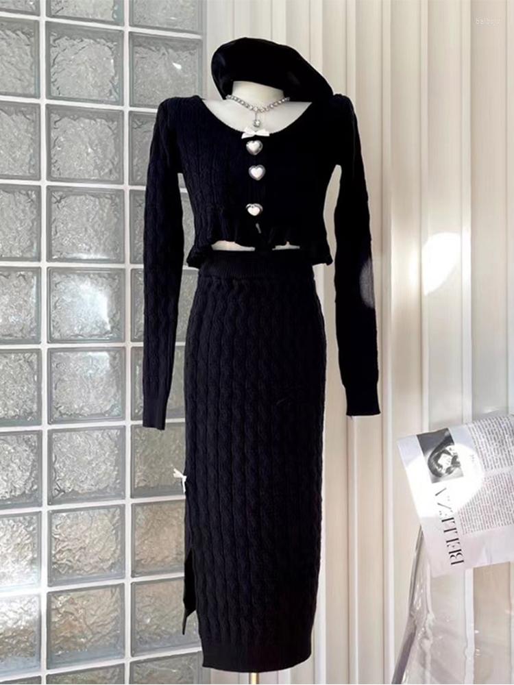 

Work Dresses 2023 Autumn Winter Women Black Color Knit 2 Pieces Outfit O-neck Heart Single Breasted Short Tops High Waist Slit Mid-long