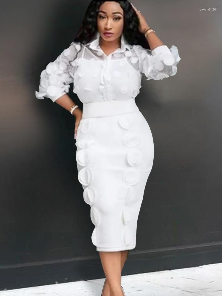 

Work Dresses Women White Two Pieces Sets Sexy See Through Mesh Shirt Blouse Turn Down Collar Aplliques Half Sleeve High Waist Party Skirt