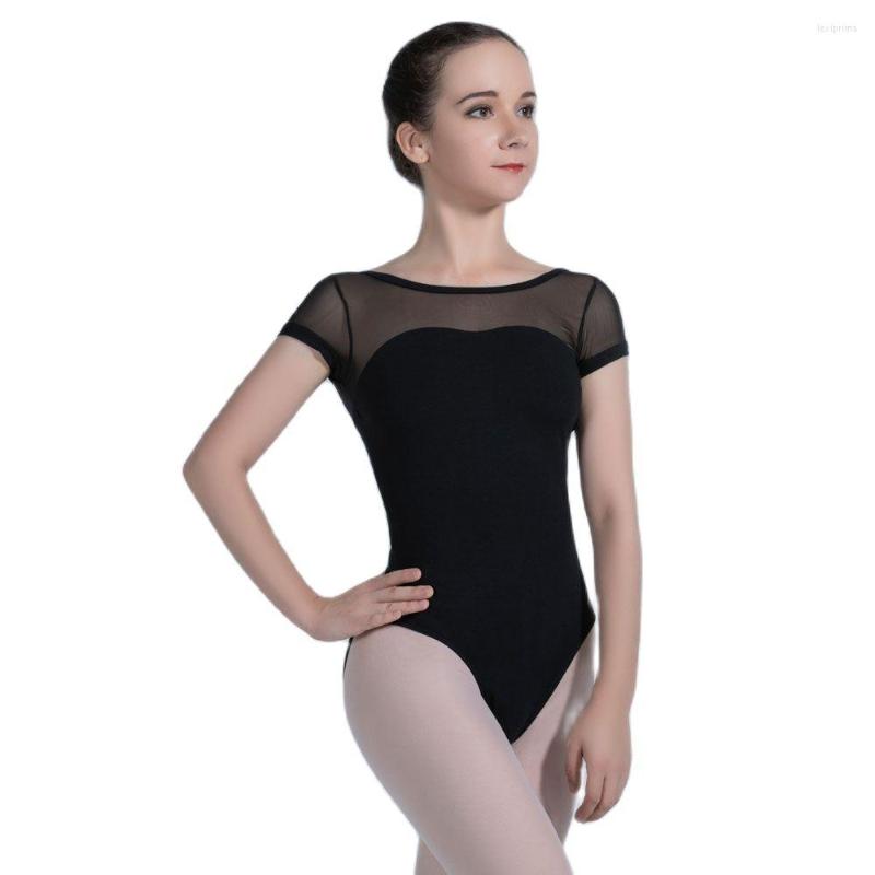

Stage Wear Arrival Of Women's Short Sleeve Mesh And Cotton Ballet Dance Leotard With Criss-cross Back Bodywear Adult Leotards 01D0151, Black
