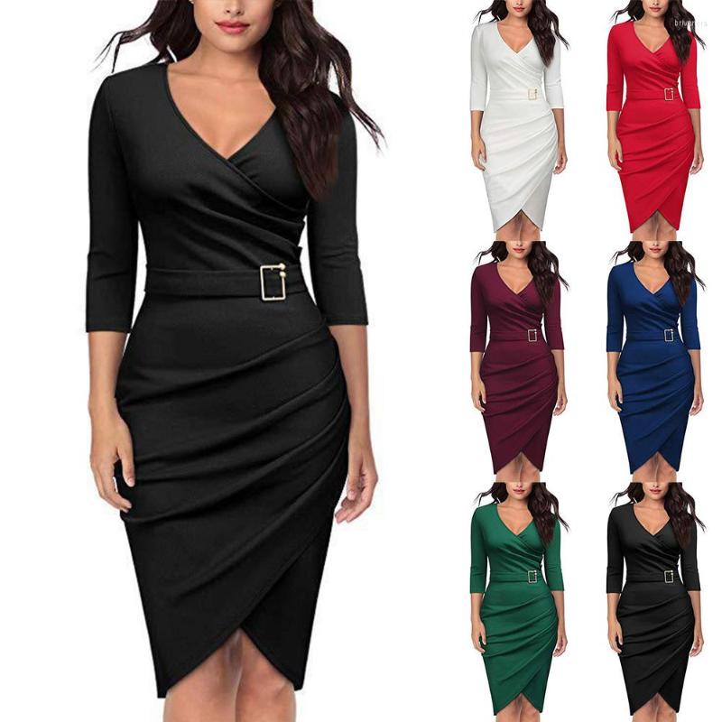 

Casual Dresses Autumn Women V Neck 3/4 Sleeve Dress Pleated Tunic Wrap Ladies Party, Black