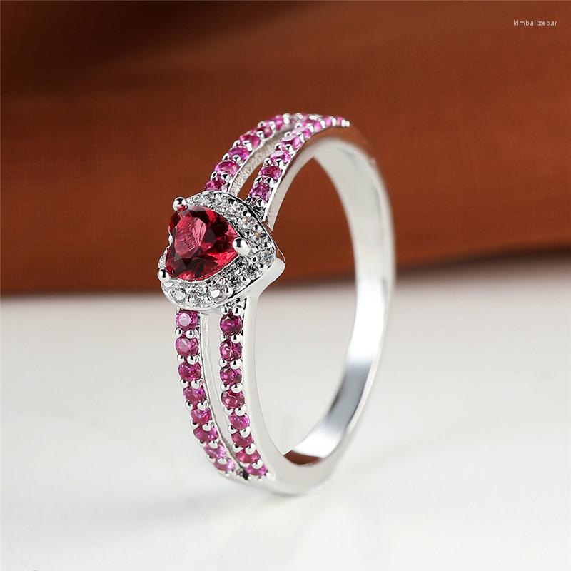 

Wedding Rings Rose Red Zircon Heart Stone Ring Trendy Silver Color Luxury Crystal Love Engagement For Women Valentine