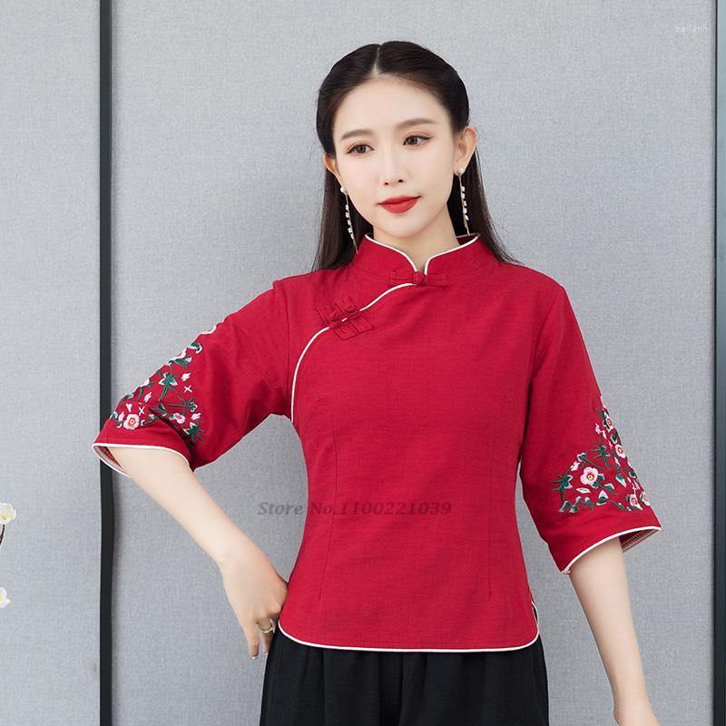 

Ethnic Clothing 2023 Chinese Cheongsam Top Women Flower Embroidery Elegant Tang Suit Blouse Loose Casual Female Hanfu China Traditional