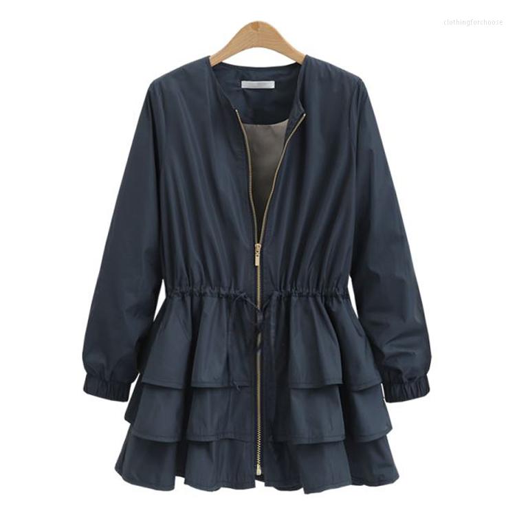 

Women's Jackets Autumn Winter Women Jacket O Neck Long Sleeves Elastic Waist Belt Ruffles Windbreaker Female Coat Casual Loose Outwear Plus, Black