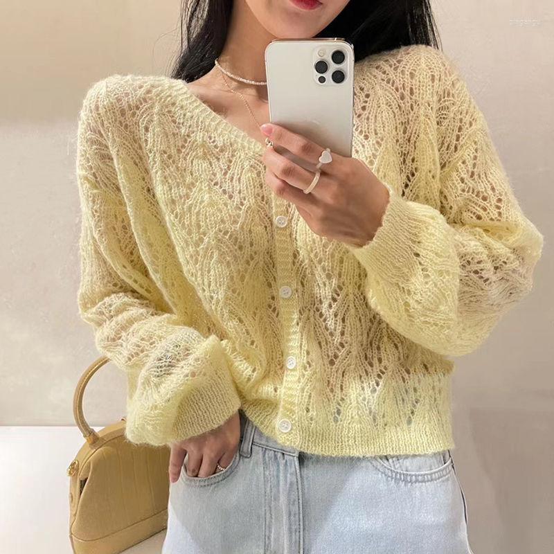 

Women's Knits Women 2023 Summer Thin Sweater Cardigans Female Soft V-neck Air-conditioning Coats Ladies Hollow Out Sunscreen Clothing U58, Nenghuangse