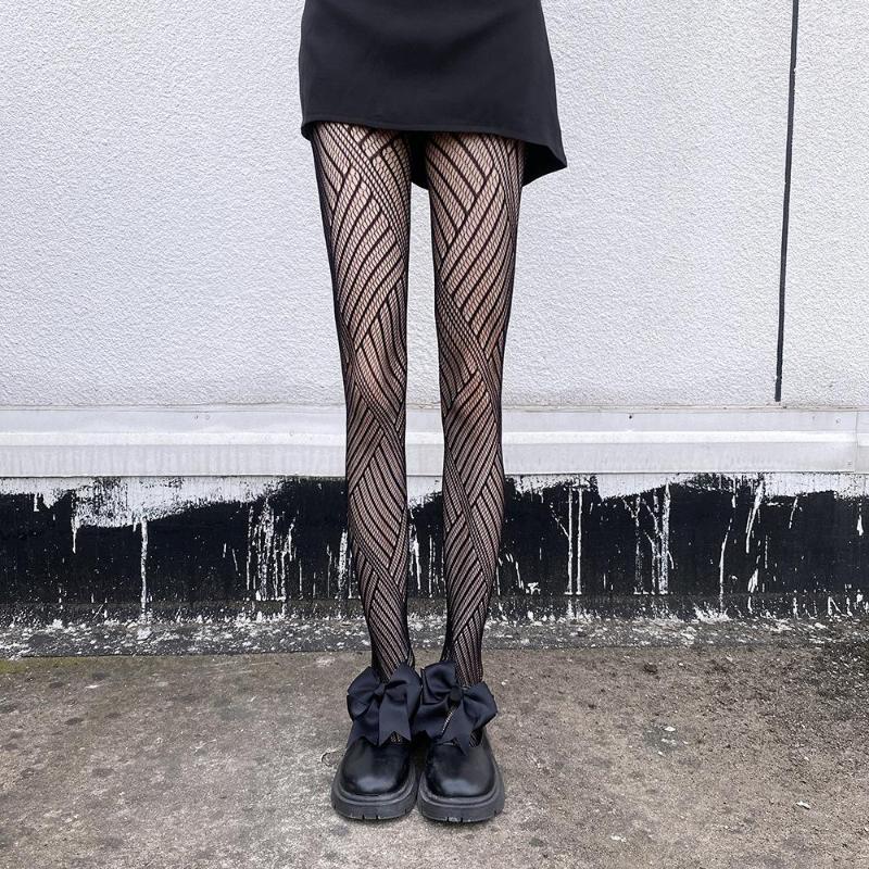 

Women Socks Fashion Sexy Striped Interwoven Women's Pantyhose Thin Lolita Tie Fishing Net Stockings Show Thinness Hollow Out Nylon, Black