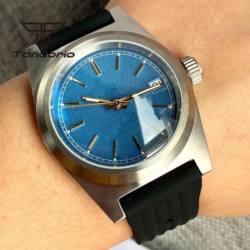 

Wristwatches Tandorio Blue Dial 24 Jewels NH35A Brushed 200m Mechanical Automatic Dive Men Watch AR Sapphire Glass Auto Date Screwdown Crown, Picture shown