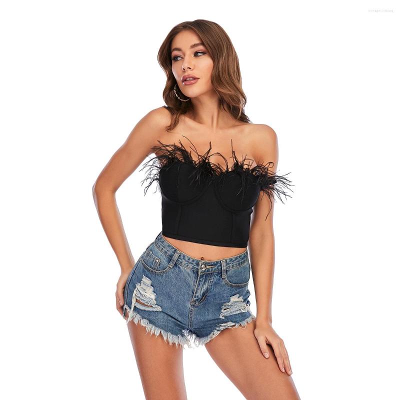 

Women's Tanks High Quality Fashion Celebrity Designer Pink Sexy Feather Off Shoulder Bandage Top 2023 Autumn Night Club, Black