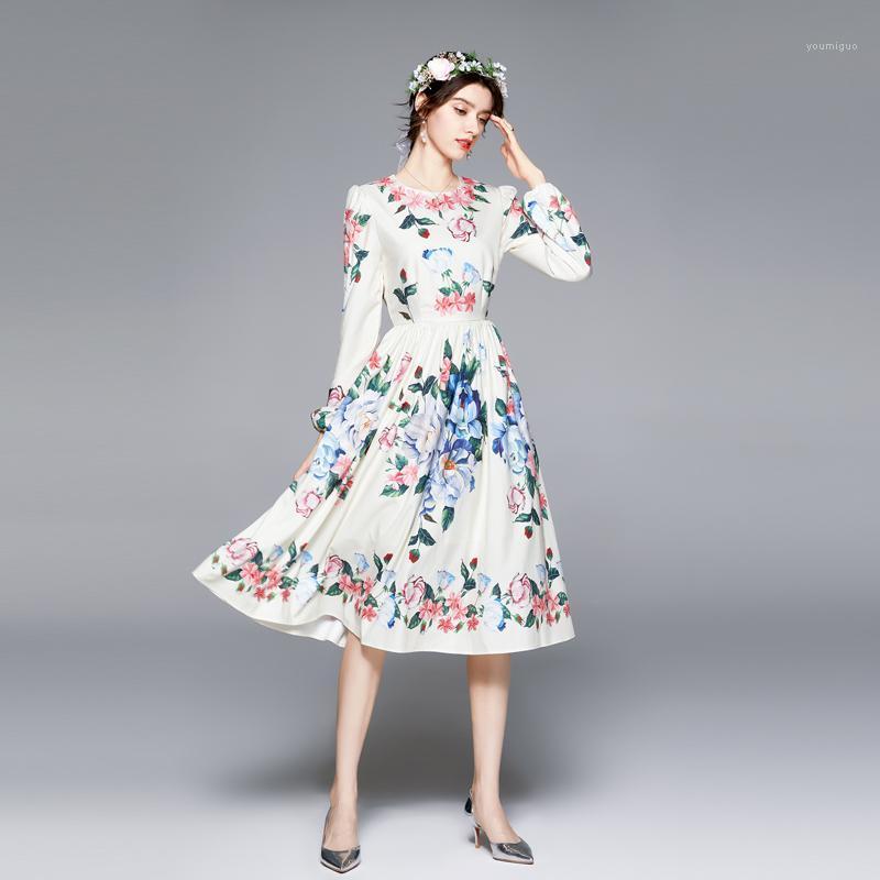 

Casual Dresses Vestidos De Fiesta 2023 Fall Fashion Designer Runway Midi Dress Vintage Floral Print O-Neck Long Sleeve Elgant Party, Green