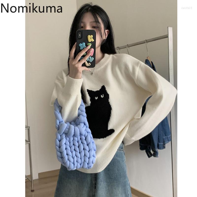 

Women's Sweaters Nomikuma Pull Femme Hiver 2023 Contrast Color Cartoon Print Loose Knitted Soft Pullover Women Vintage Elegant Sueters De, Black