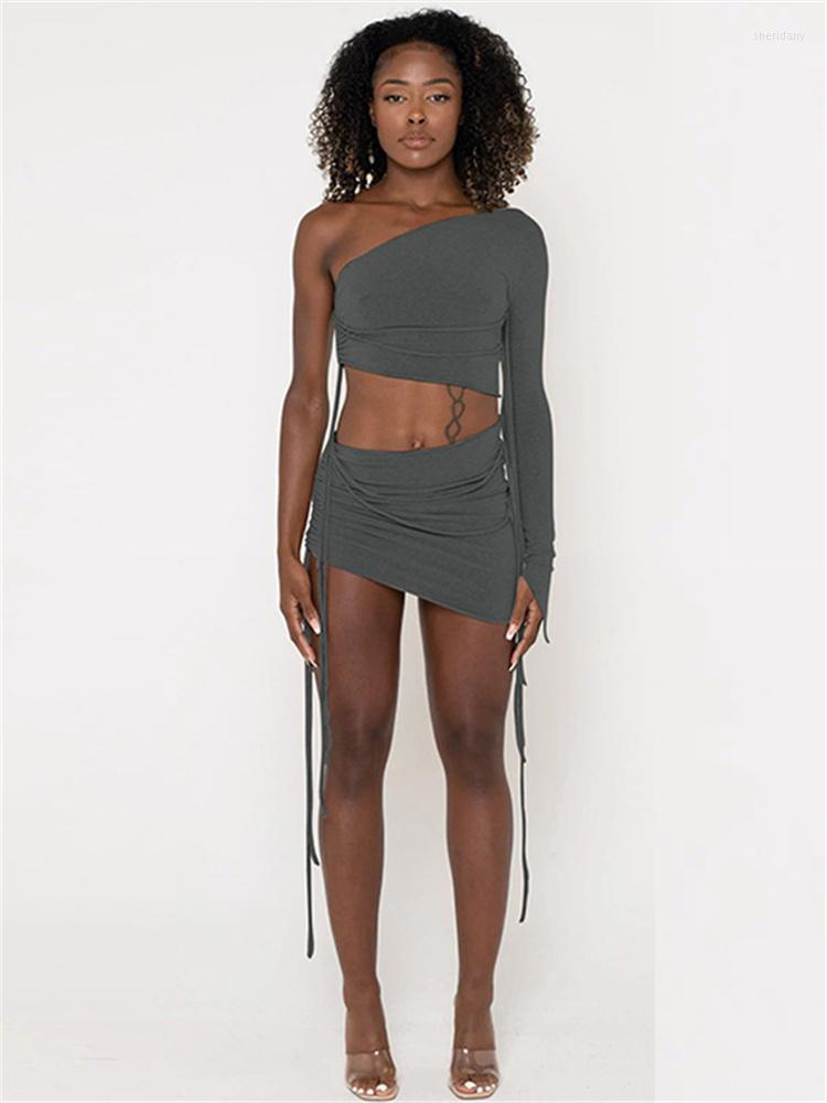 

Work Dresses Habbris Autumn Asymmetric 2 Two Piece Sets Club Outfit For Women 2023 Long Single Sleeve Inclined Collar Crop Top And Skirt, Khaki