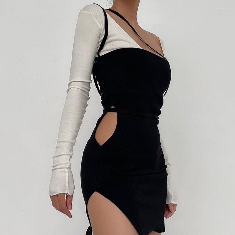 

Casual Dresses 2023Summer Dress Women Fashion Women' Goth Product Sexy Low-cut Hit Color Hollow Slit Tether Decoration Stitching, Black