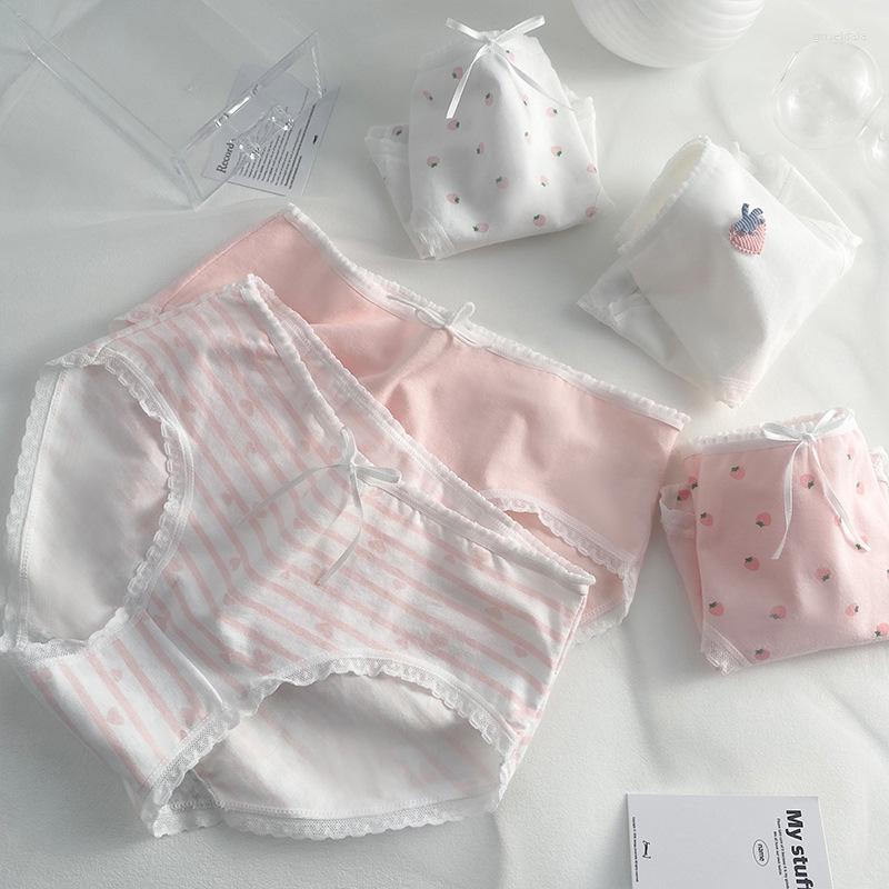 

Women's Panties 60PCS Korean Style Sweet Strawberry Underpants Ladies 40S Cotton Crotch Hip Buttocks Pink Cute Bow Student Girl