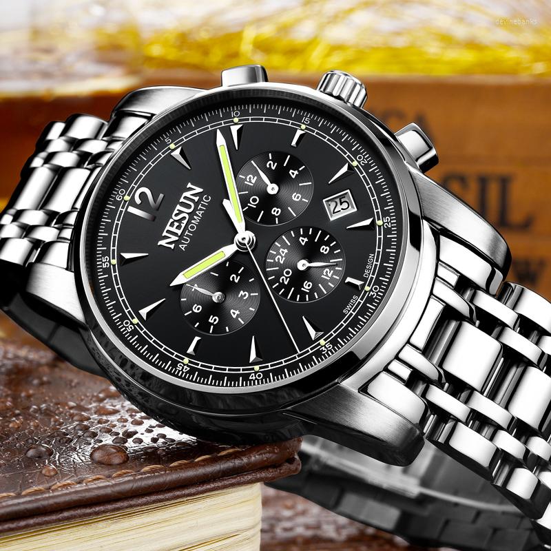 

Wristwatches NESUN Watch Men's Automatic Multi-Function Mechanical Business Luxury Stainless Steel Strap Calendar Week, Black