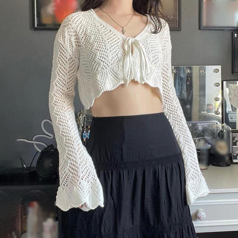 

Women' Jackets Sexy Women Tie Front Knitted Crop Tops Summer Hollow Out Cardigan Soild Flare Sleeve V Neck Blouse Female For Daily WorkWome