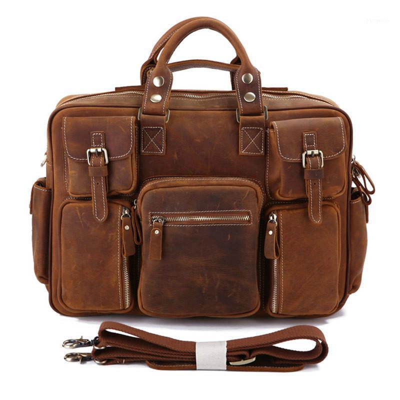 

Briefcases Vintage Men Briefcase Genuine Leather Male Laptop Retro Crazy Horse Shoulder Bag Men's Multi-pocket Tote BusinessHandbag, Black