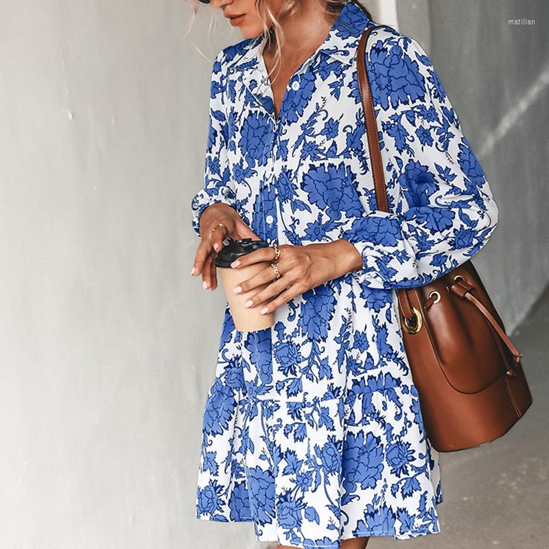 

Casual Dresses Bohemian Floral Print Dress Women Fashion Ins Long Lantern Sleeve Turn Down Collar Single Breasted Shirt, Blue