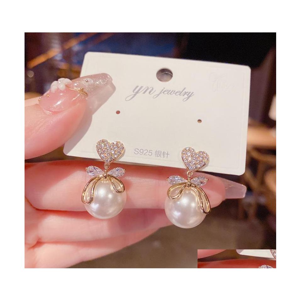 

Stud Fashion Jewelry Vintage S925 Sliver Post Earrings Microinlaid Zircon Heart Bow Pearl Drop Delivery Dh0Cf